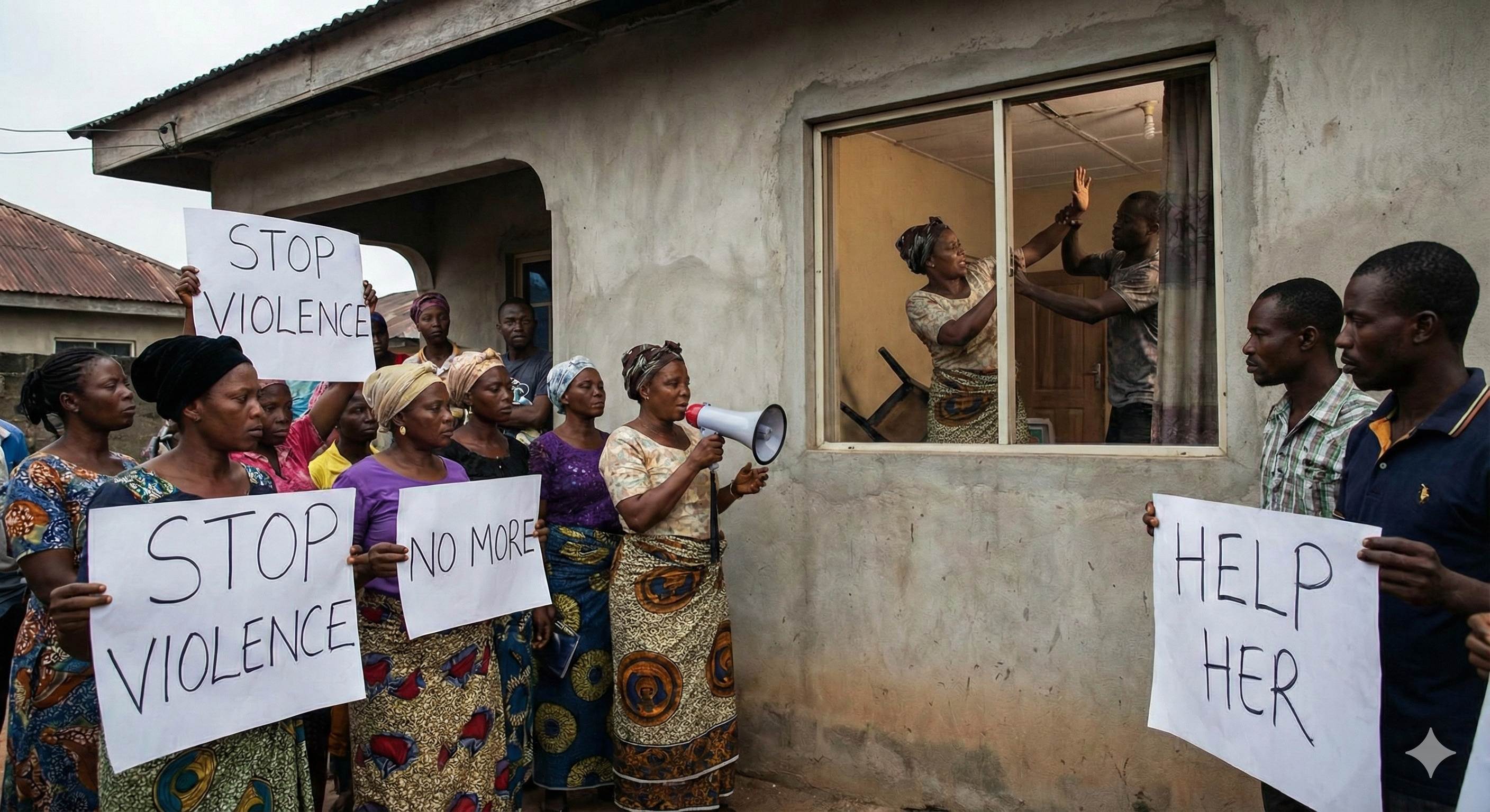 Community standing together against gender-based violence - women holding signs saying Stop Violence and Help Her