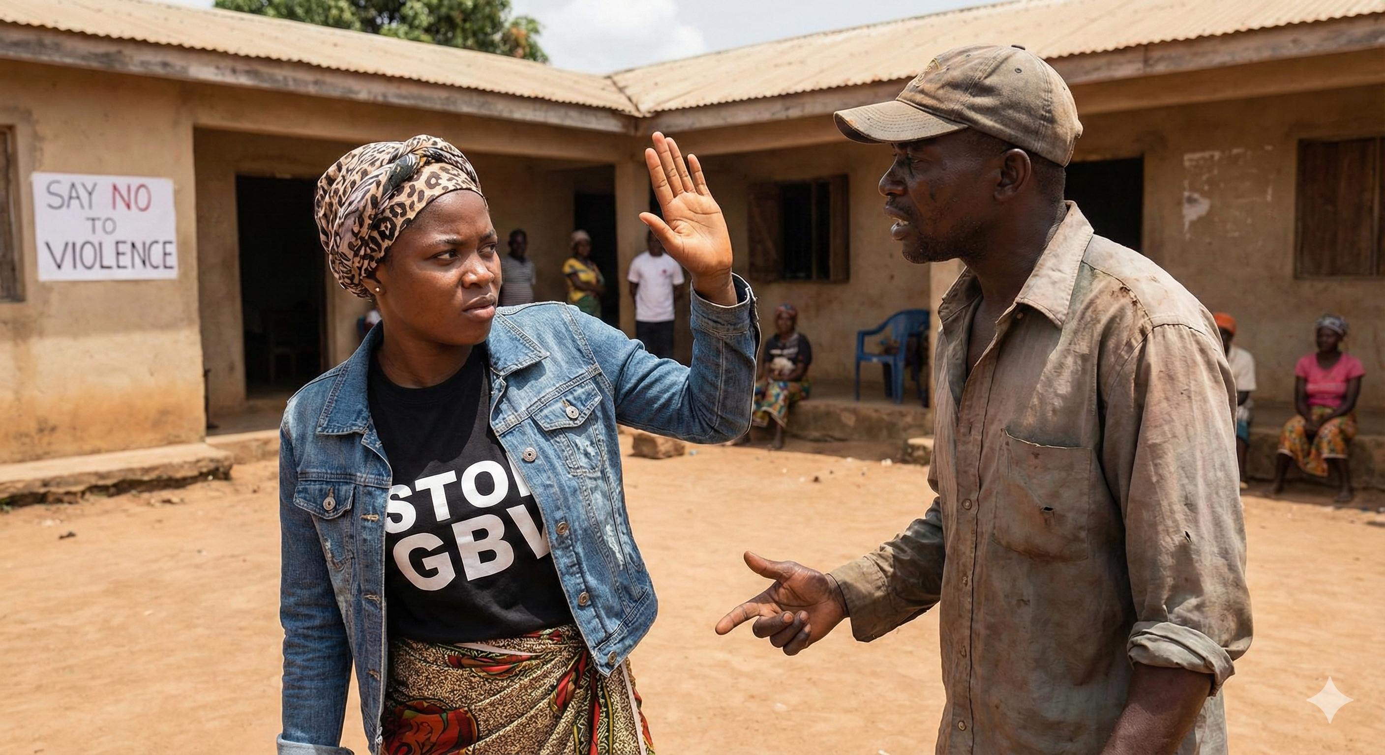 Woman wearing Stop GBV shirt raising hand in resistance - community empowerment against gender-based violence